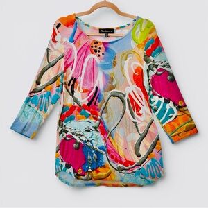 Claire Desjardins Abstract Print Tunic Top Size M Multicolor 3/4 Sleeve Artsy